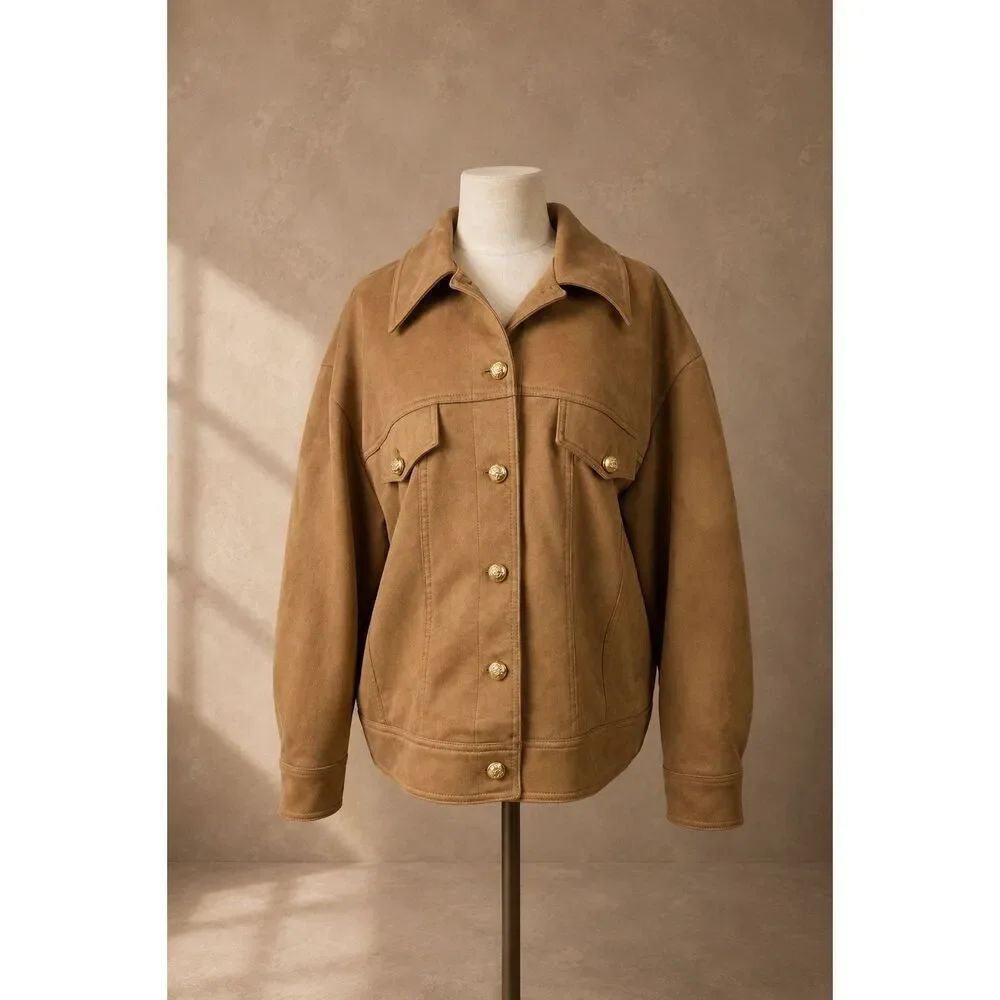 Maeve Sz L Faux Suede Trucker Jacket Camel Brown Anthropologie